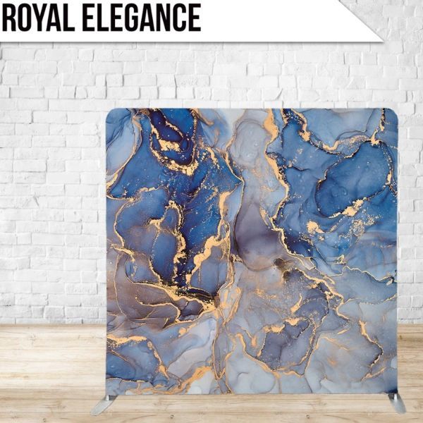 A blue and gold marble backdrop with the words royal elegance above it