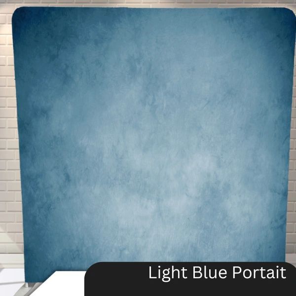 A light blue portrait with a brick wall in the background