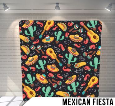 A mexican fiesta backdrop with a pattern of sombrero hats guitars and maracas
