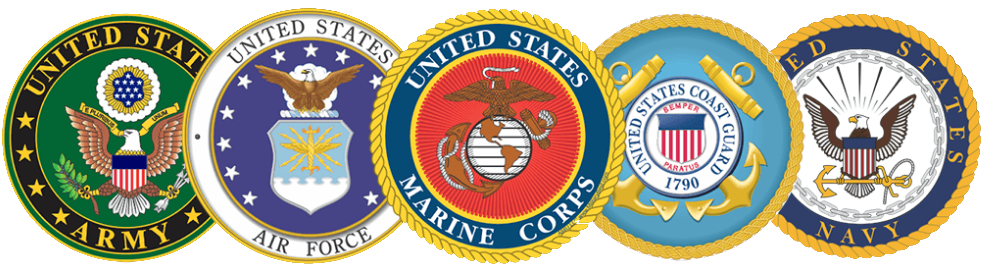 Logos of the U.S. Army, Air Force, Marine Corps, Coast Guard, and Navy.