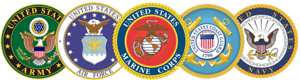 Logos of the U.S. Army, Air Force, Marine Corps, Coast Guard, and Navy.