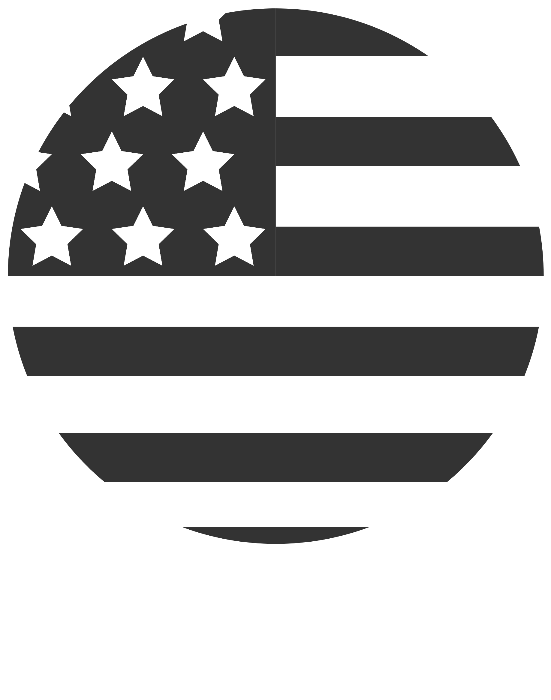 American flag design within a circle; white stars and stripes on a dark background.