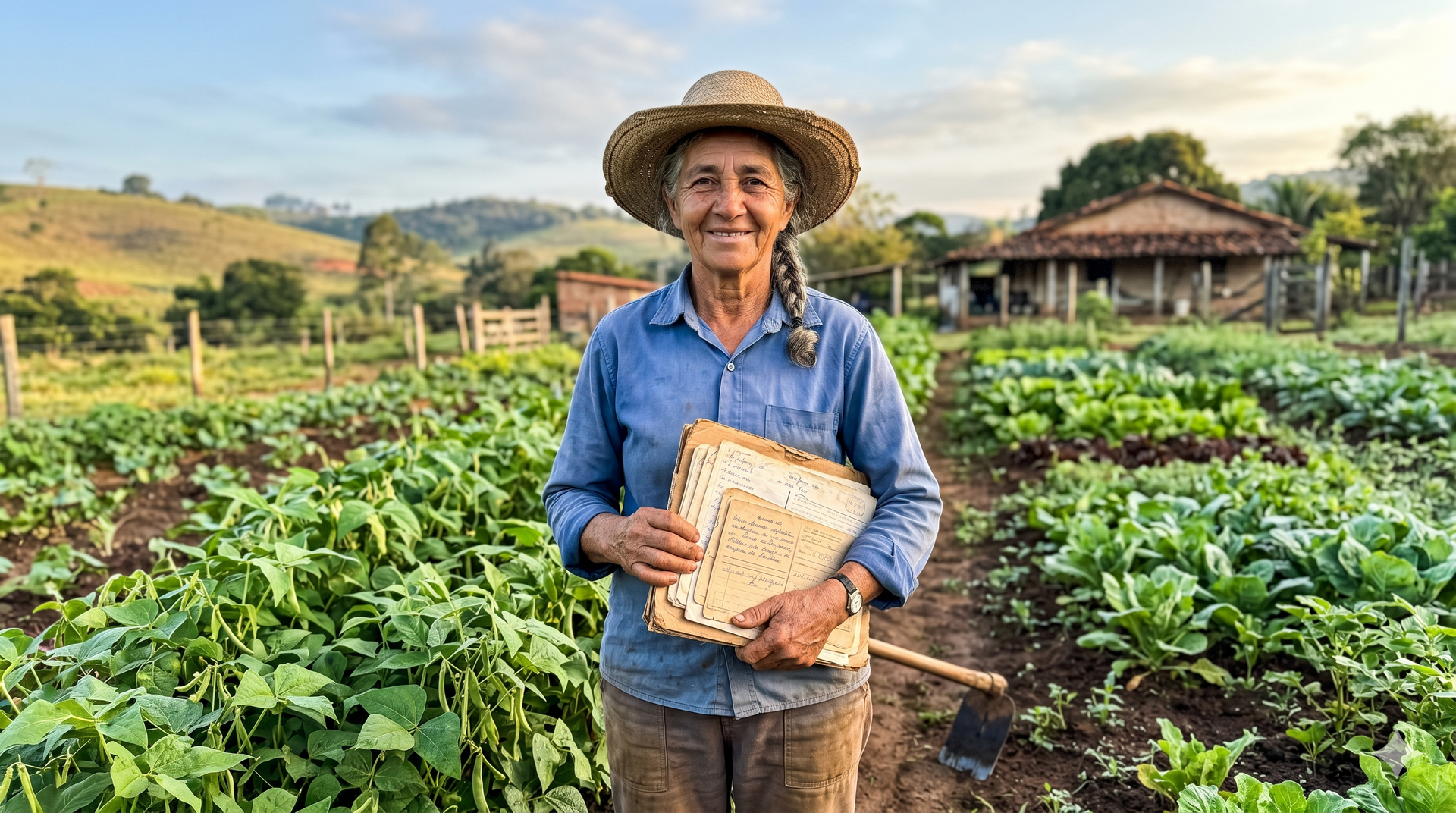 Agricultora familiar brasileira segurando documentos na lavoura, ilustrando a comprovação