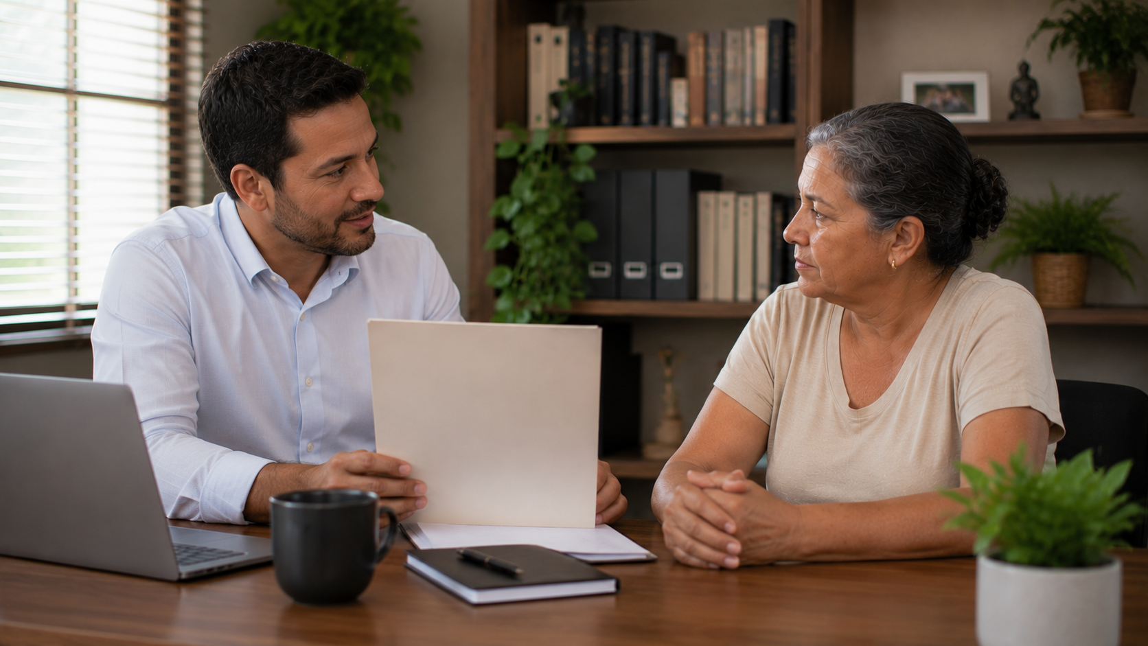 Advogado previdenciário conversa com segurada sobre benefício cessado pelo INSS em escritório acolhedor. Advogado orienta segurada sobre benefício do INSS cessado