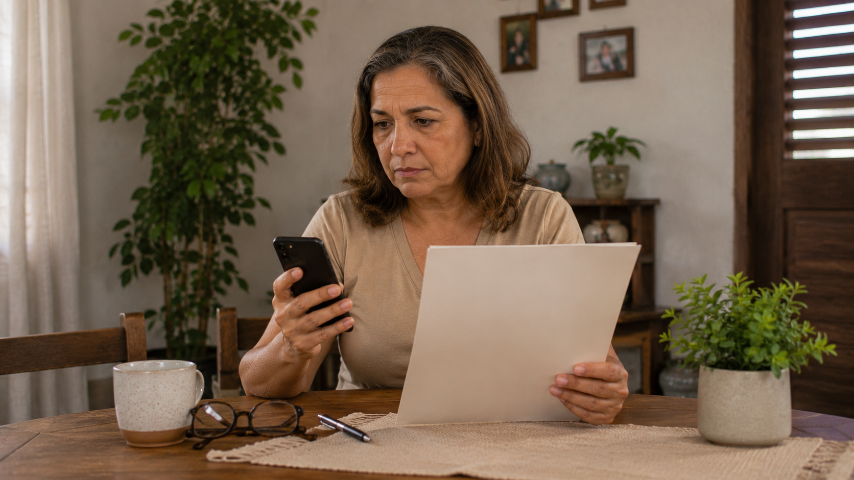 Pessoa aposentada ou segurada consulta celular e documentos em casa, com expressão de preocupação ao ver situação do benefício. Segurada consulta benefício do INSS cessado no celular