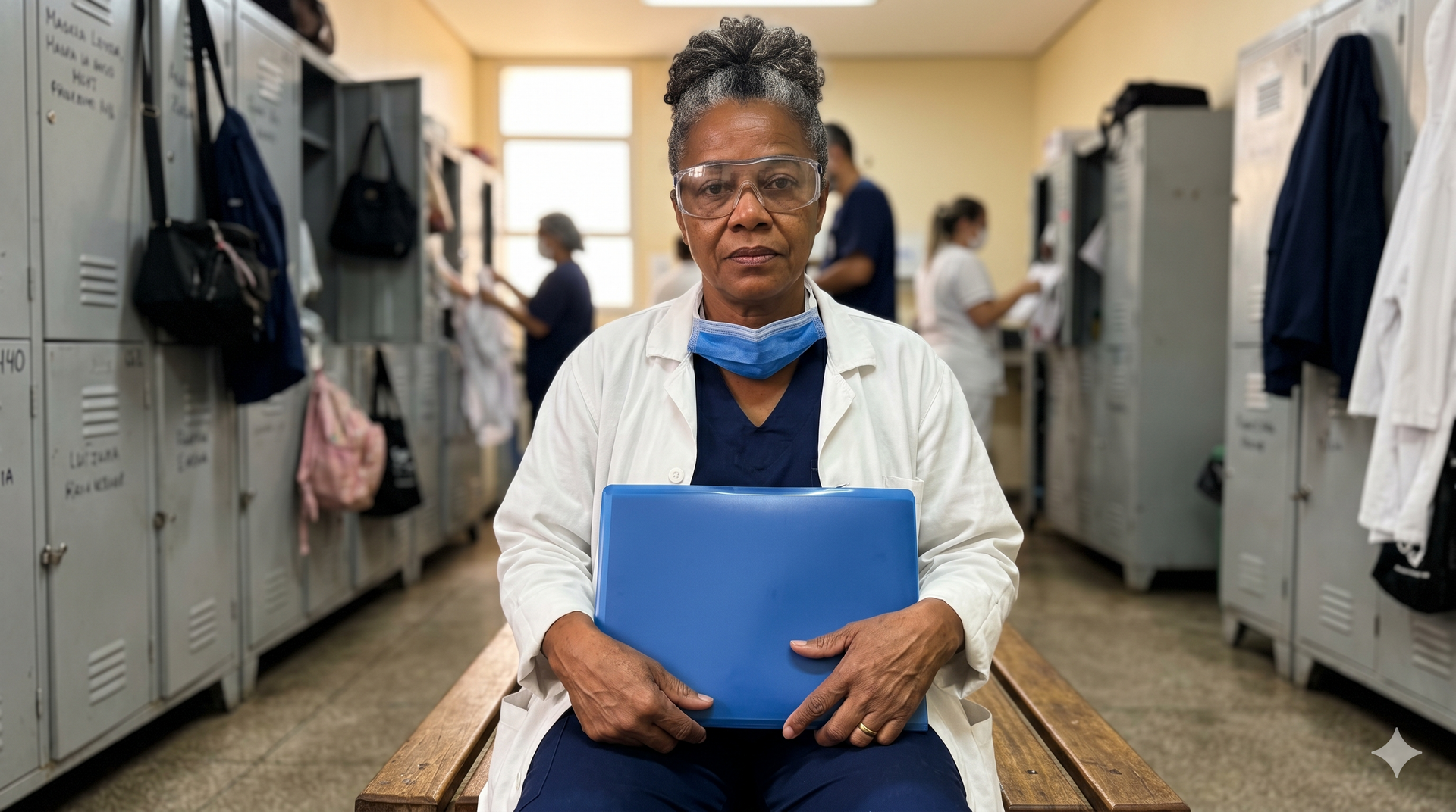 Enfermeira afro-brasileira segurando documentos, ilustrando a aposentadoria especial de 25 anos