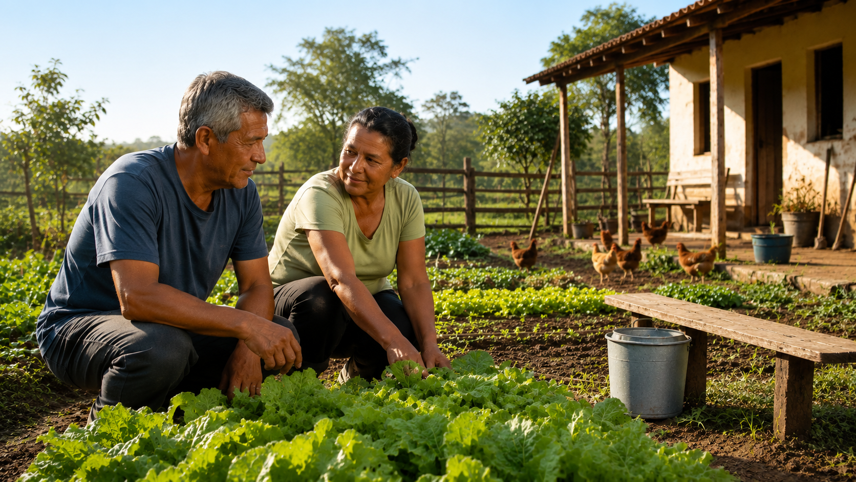 Produtor rural brasileiro em pequena propriedade com horta, ferramentas, galinhas e área produtiva familiar. Produtor rural em pequena propriedade como segurado especial