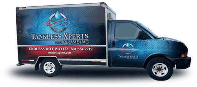 Blue box truck with Tankless Experts Plumbing logo and contact information on the side