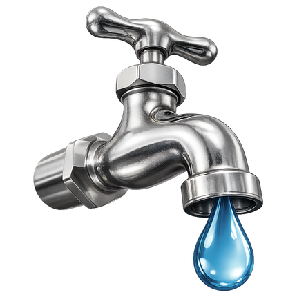 Chrome faucet with a blue water droplet leaking from the spout