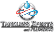 Tankless Xperts and Plumbing logo with a blue water droplet and red-blue pipe swirl