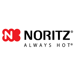 Noritz logo with red icon and black text, “ALWAYS HOT” tagline underneath