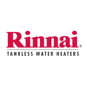Rinnai logo in red with the words “Tankless Water Heaters” below on a white background