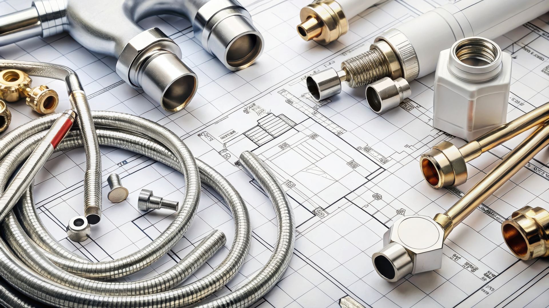 Plumbing tools and metal hoses placed on top of technical blueprints. Plumbing tools and metal hoses placed on top of technical blueprints.