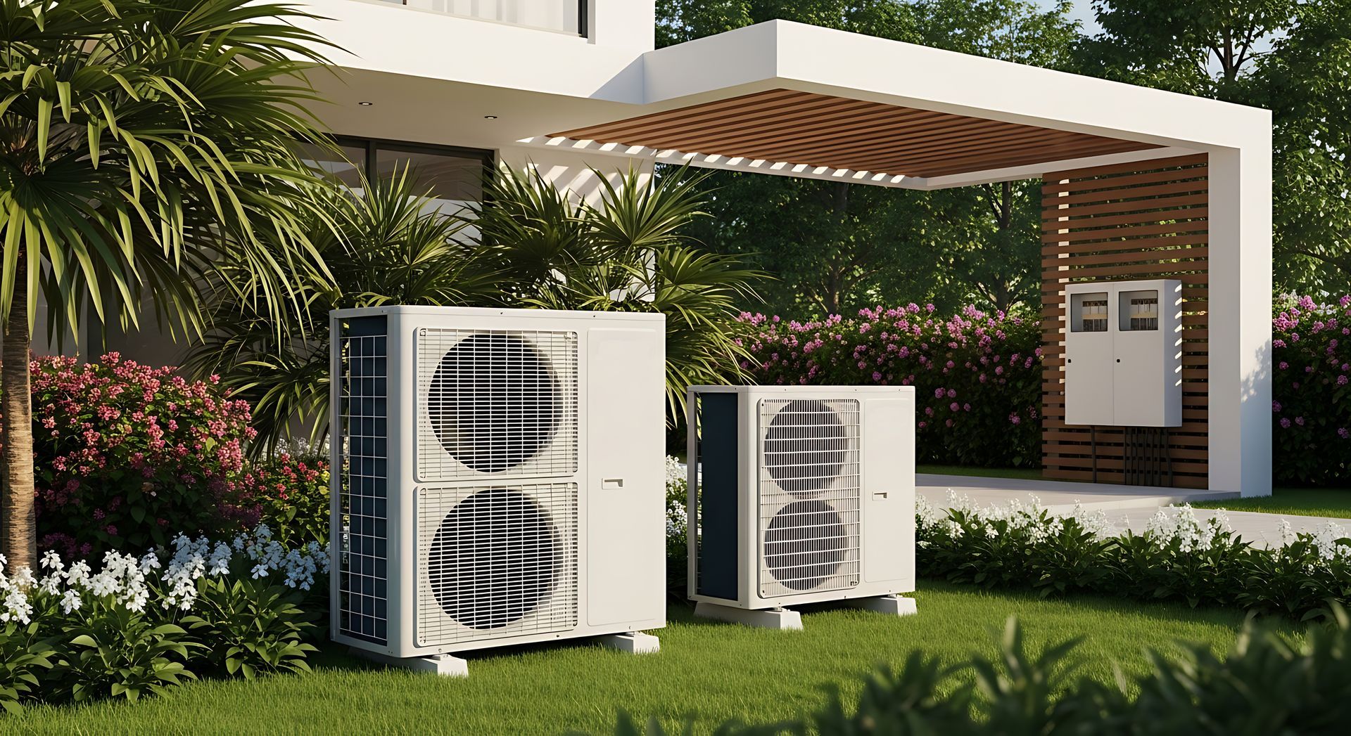 Energy-efficient HVAC condenser units installed outside a modern residential house in sunny California