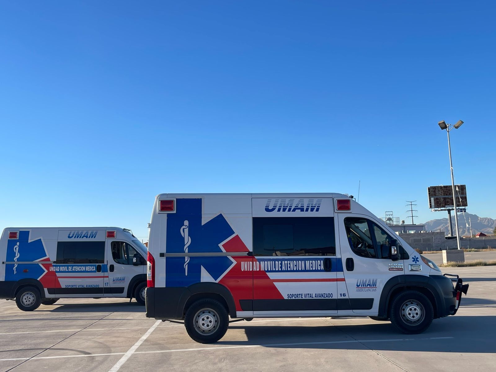 Dos ambulancias blancas y rojas estacionadas en un lote pavimentado con un fondo de cielo azul.
