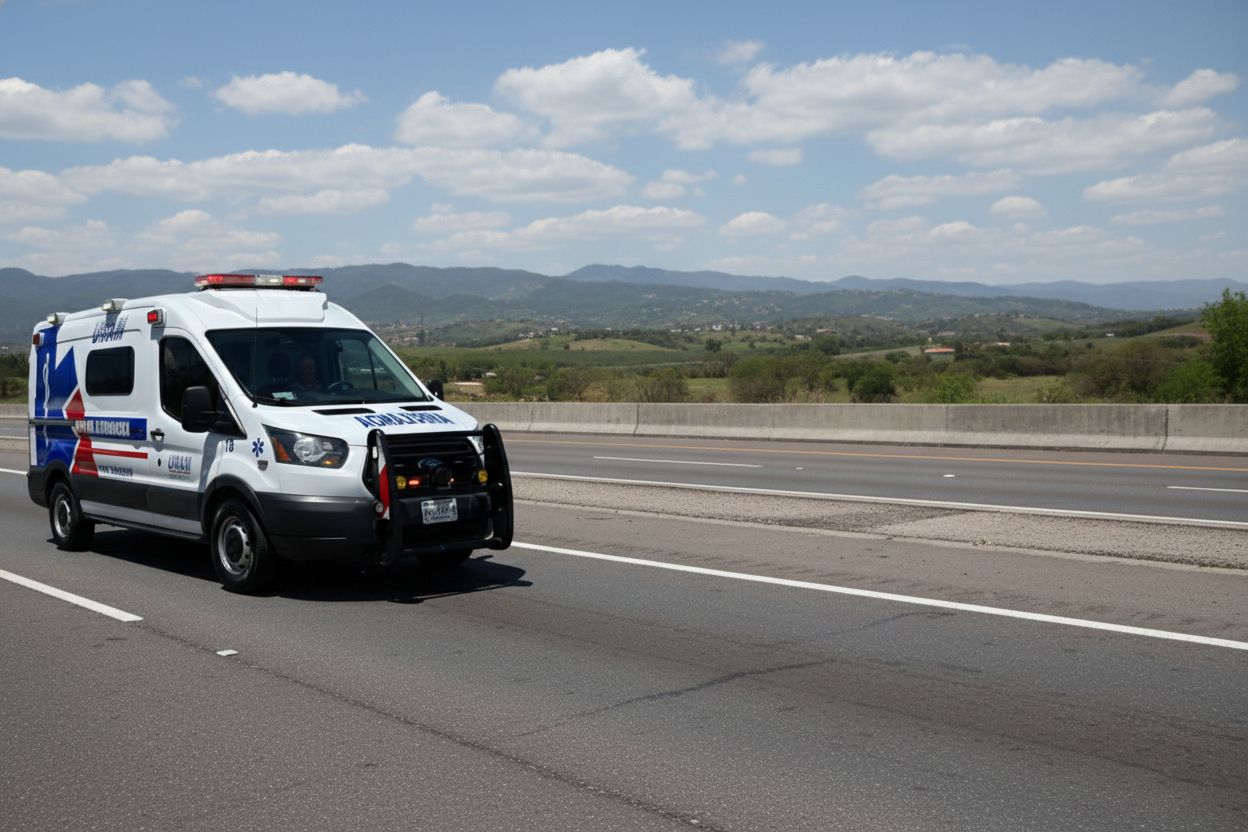 Ambulancia blanca circulando por una autopista con montañas al fondo bajo un cielo azul.