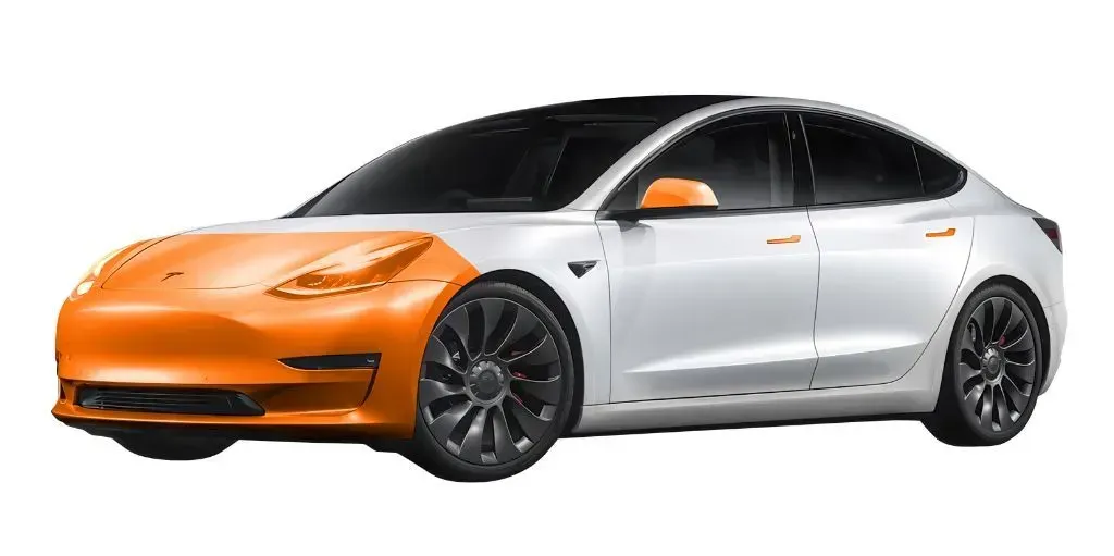 A white tesla model 3 with an orange front bumper on a white background.