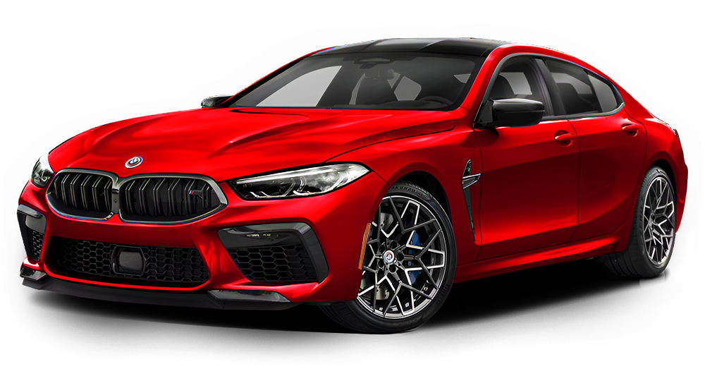 A red bmw m8 is shown on a white background.