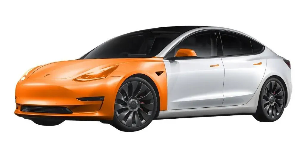 A white and orange tesla model 3 is shown on a white background.
