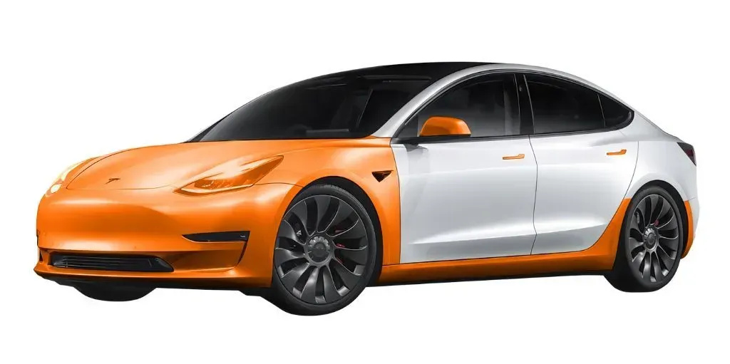 A white and orange tesla model 3 is shown on a white background.