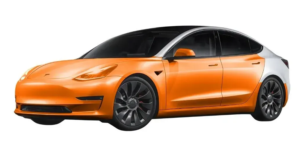 An orange and white tesla model 3 on a white background.