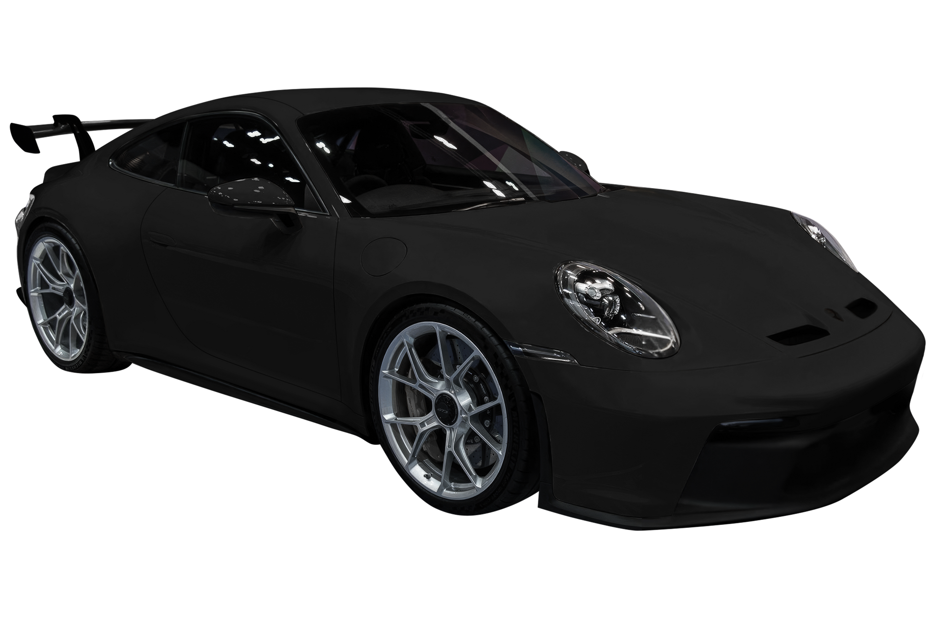 A black porsche 911 gt3 rs is shown on a white background.