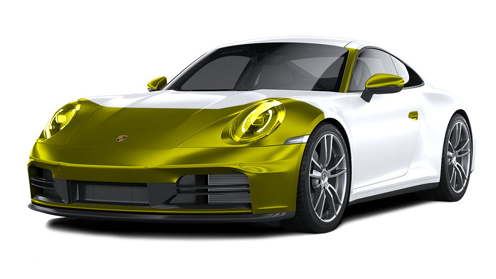 White and gold Porsche 911 sports car. The hood, fenders, and headlights are gold, the rest white.