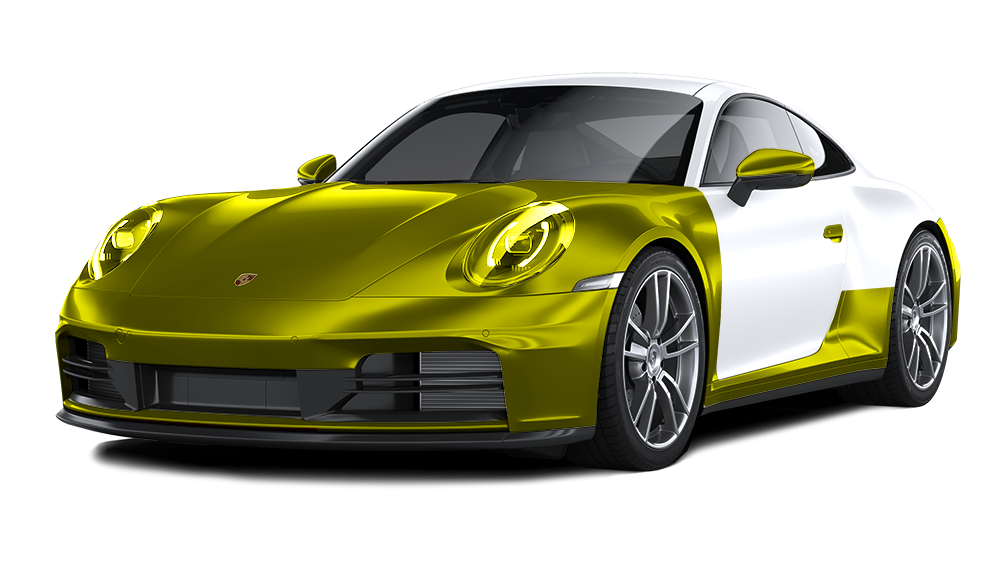 Yellow and white Porsche 911 sports car, split color scheme, against a white background.