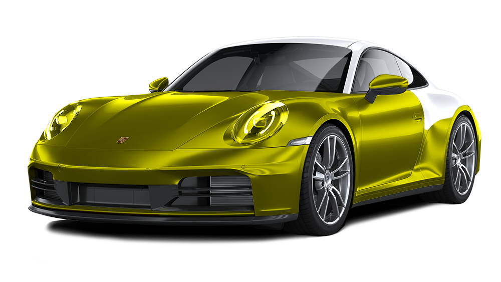 Yellow Porsche 911 with white roof, angled view, studio shot.