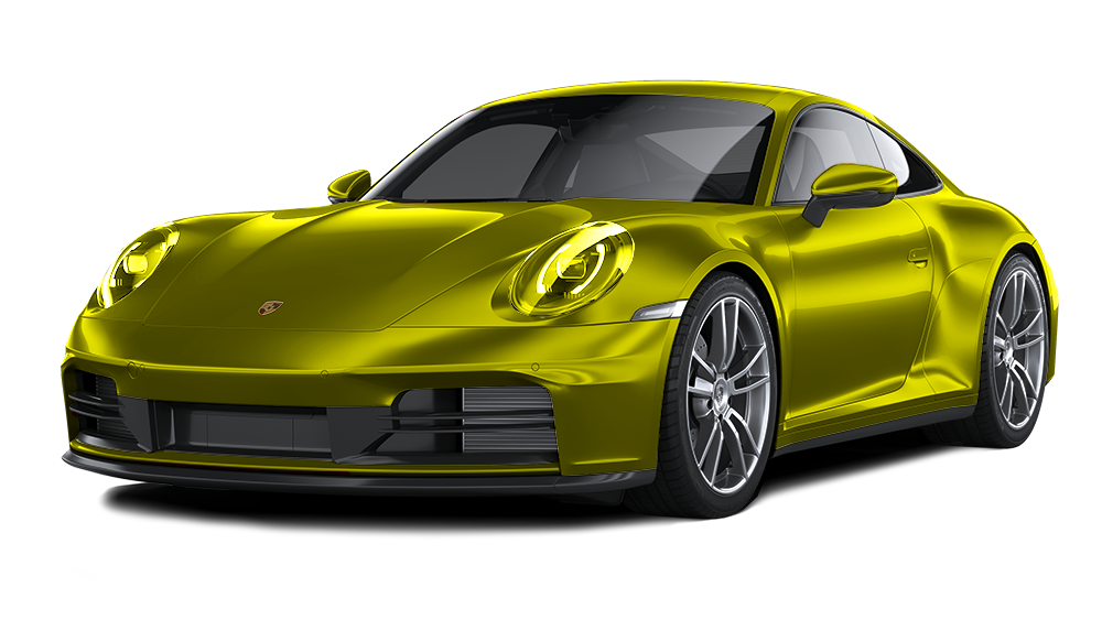 Yellow Porsche 911 sports car on a white background, angled front view.