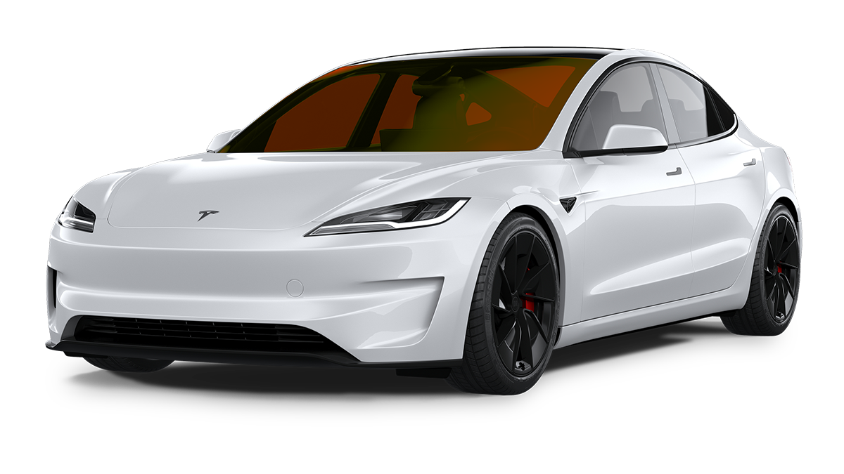 A white tesla model 3 with a blue windshield on a white background.