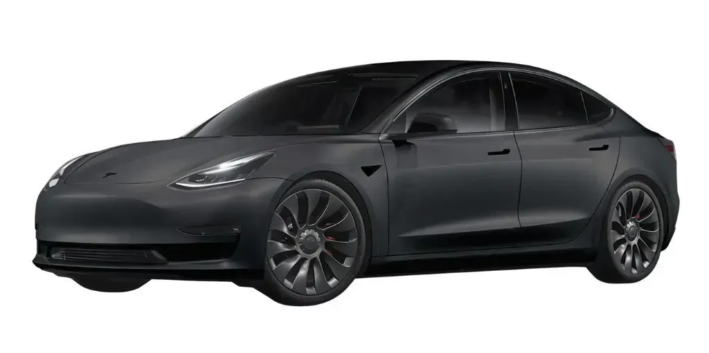 A black tesla model 3 is shown on a white background.