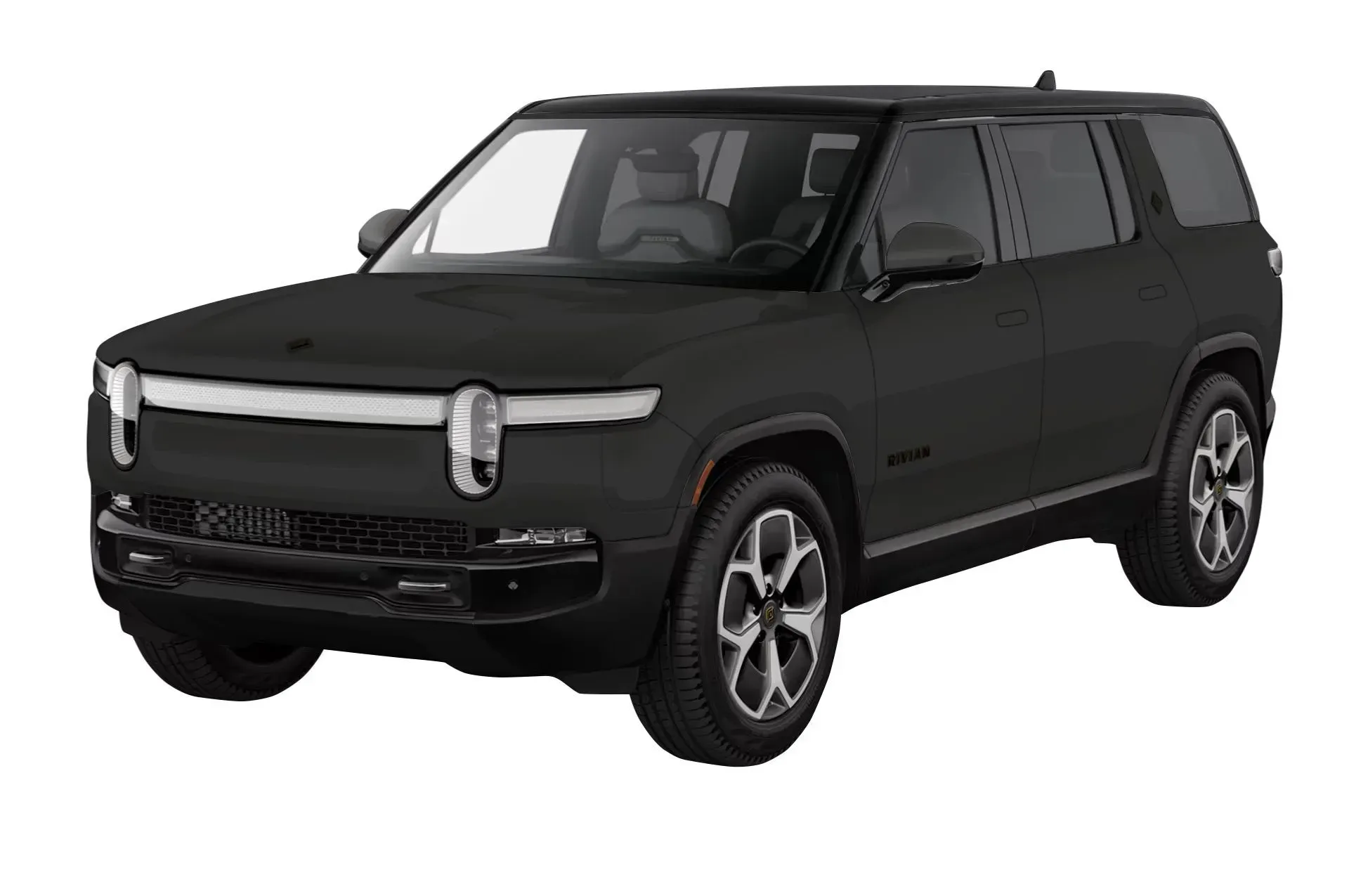 A black rivian r1 suv is shown on a white background.