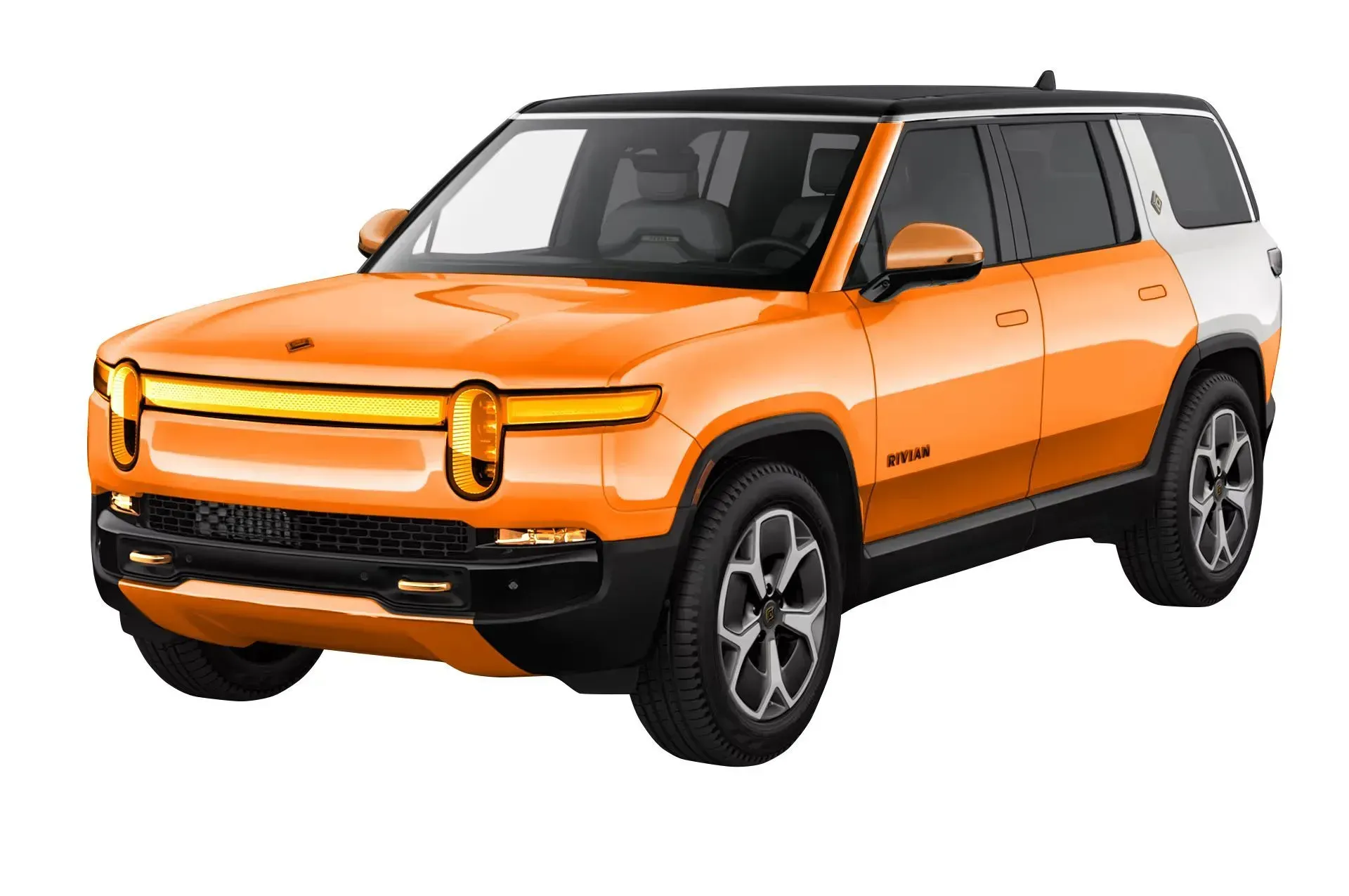 An orange and white suv is on a white background.