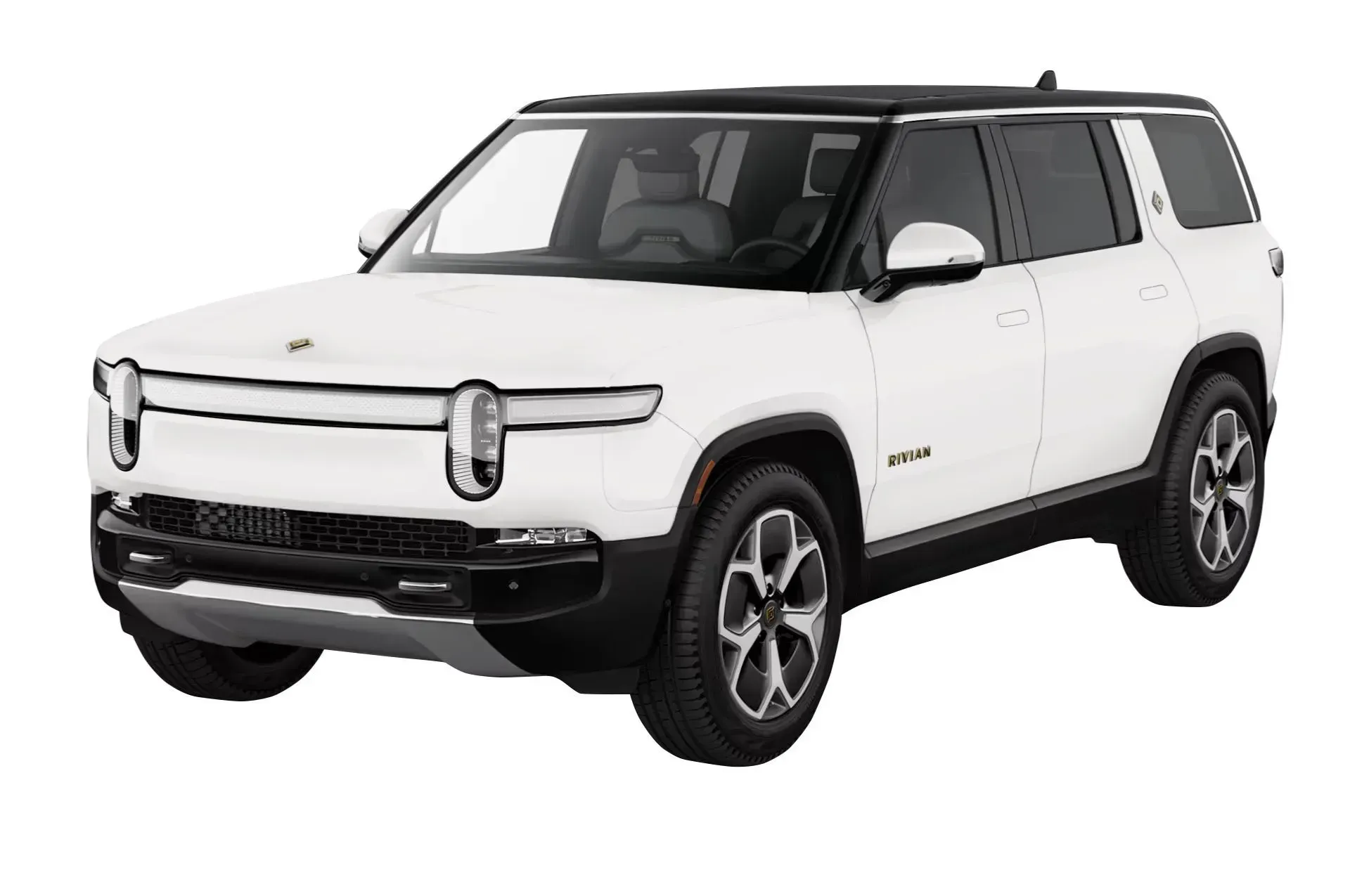 A white suv with a black roof is on a white background.