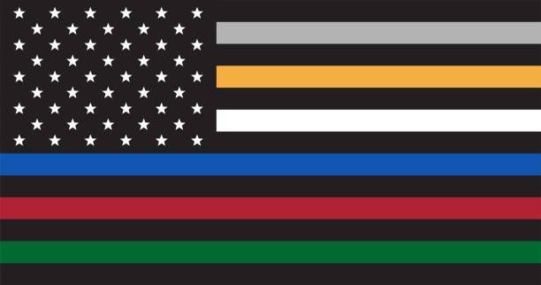 Black American flag with colored stripes representing first responders and military branches.