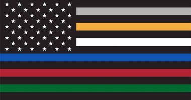 Black American flag with colored stripes representing first responders and military branches.