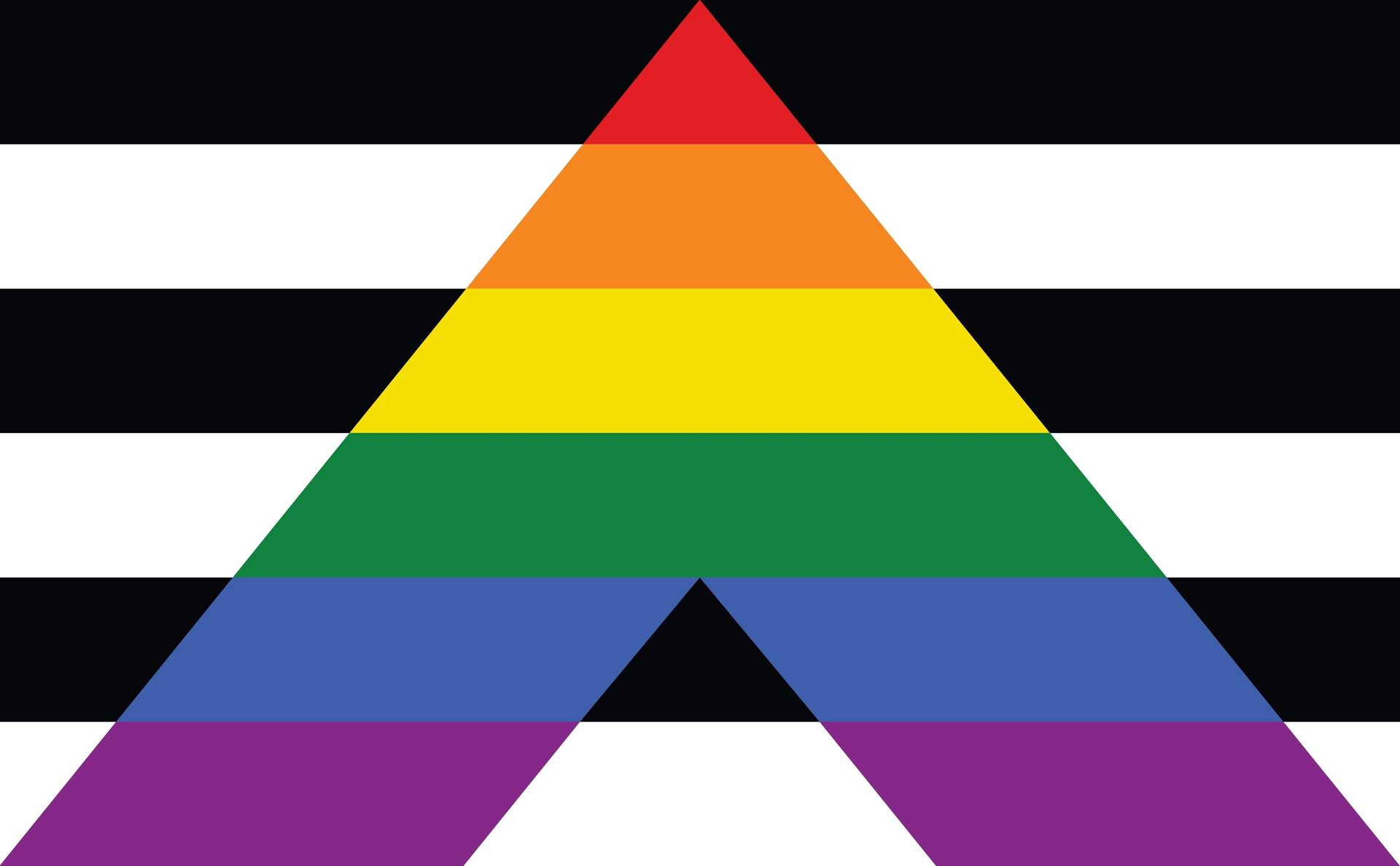 Rainbow triangle over a black and white striped background, symbolizing a LGBTQIA+ and straight ally community.