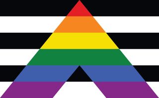 Rainbow triangle over a black and white striped background, symbolizing a LGBTQIA+ and straight ally community.