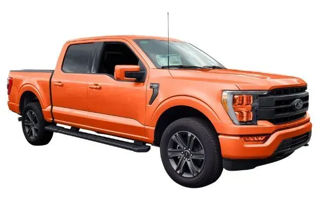 An orange ford f150 truck is shown on a white background.
