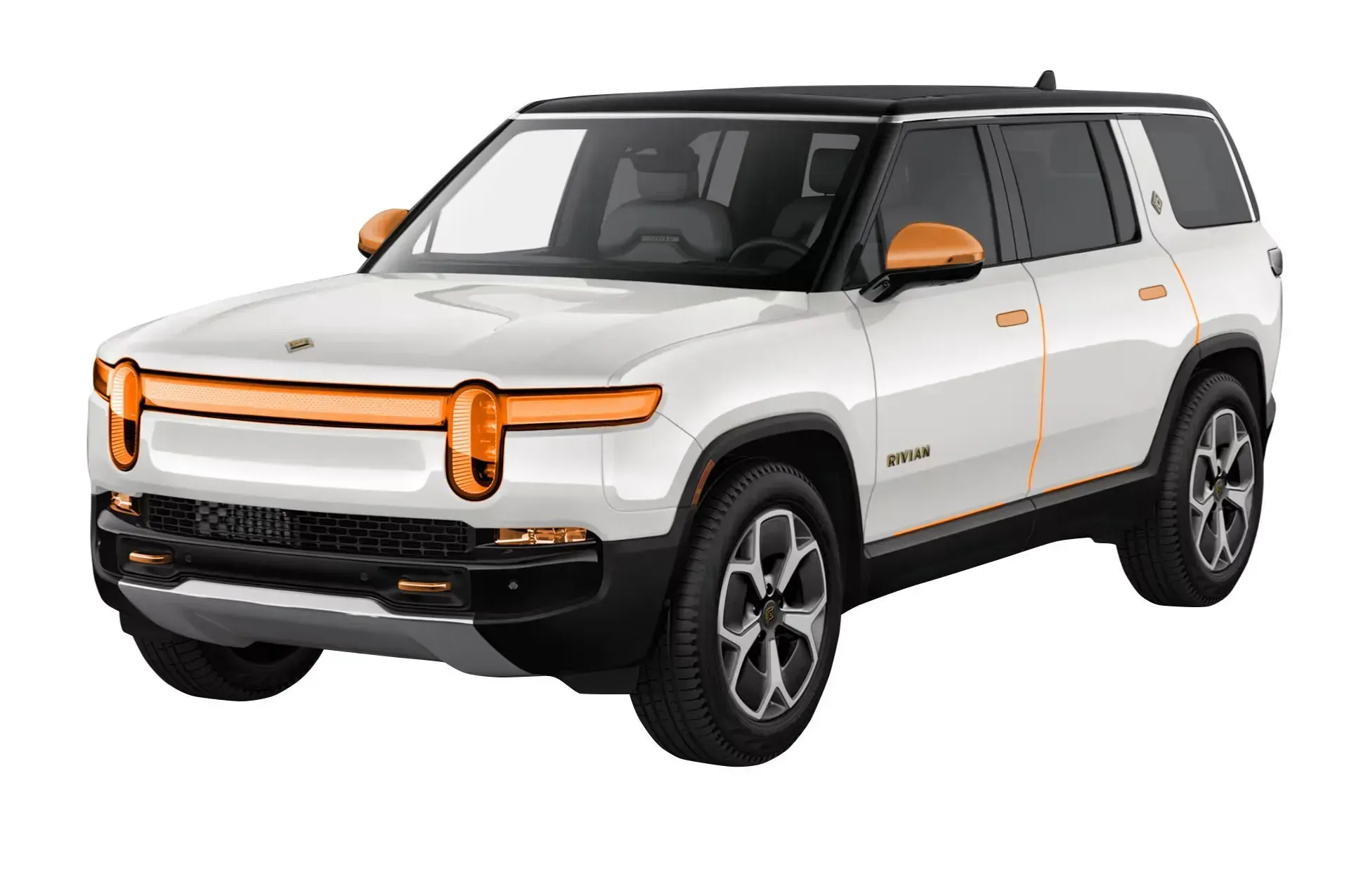 A white suv with orange trim is on a white background.