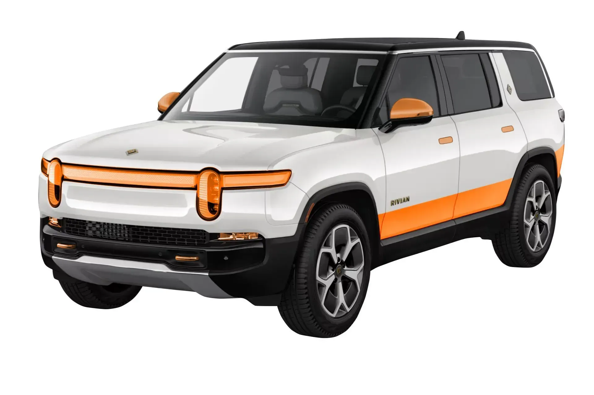 A white and orange suv on a white background.