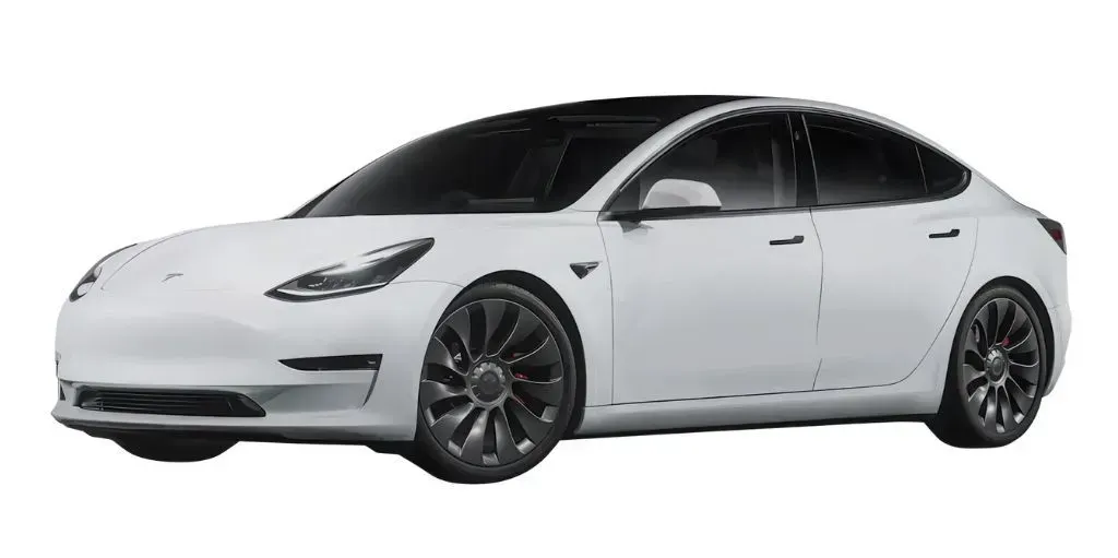 A white tesla model 3 is shown on a white background.