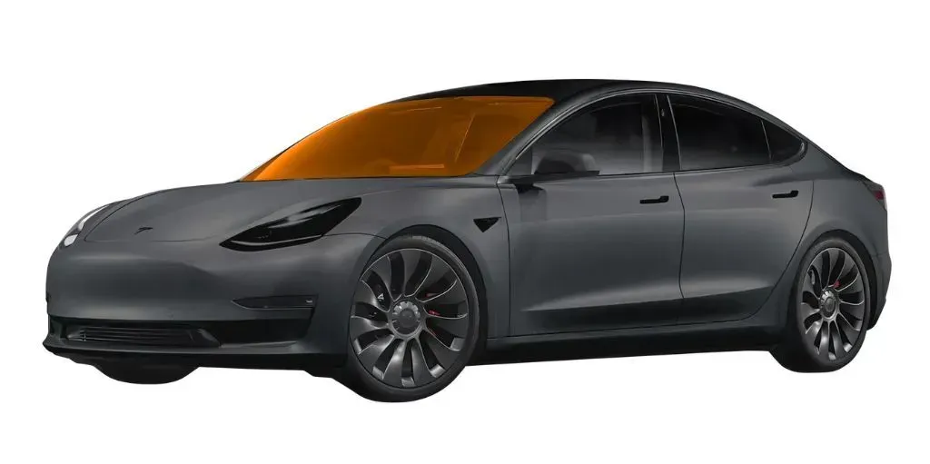 A black tesla model 3 with an orange windshield on a white background.