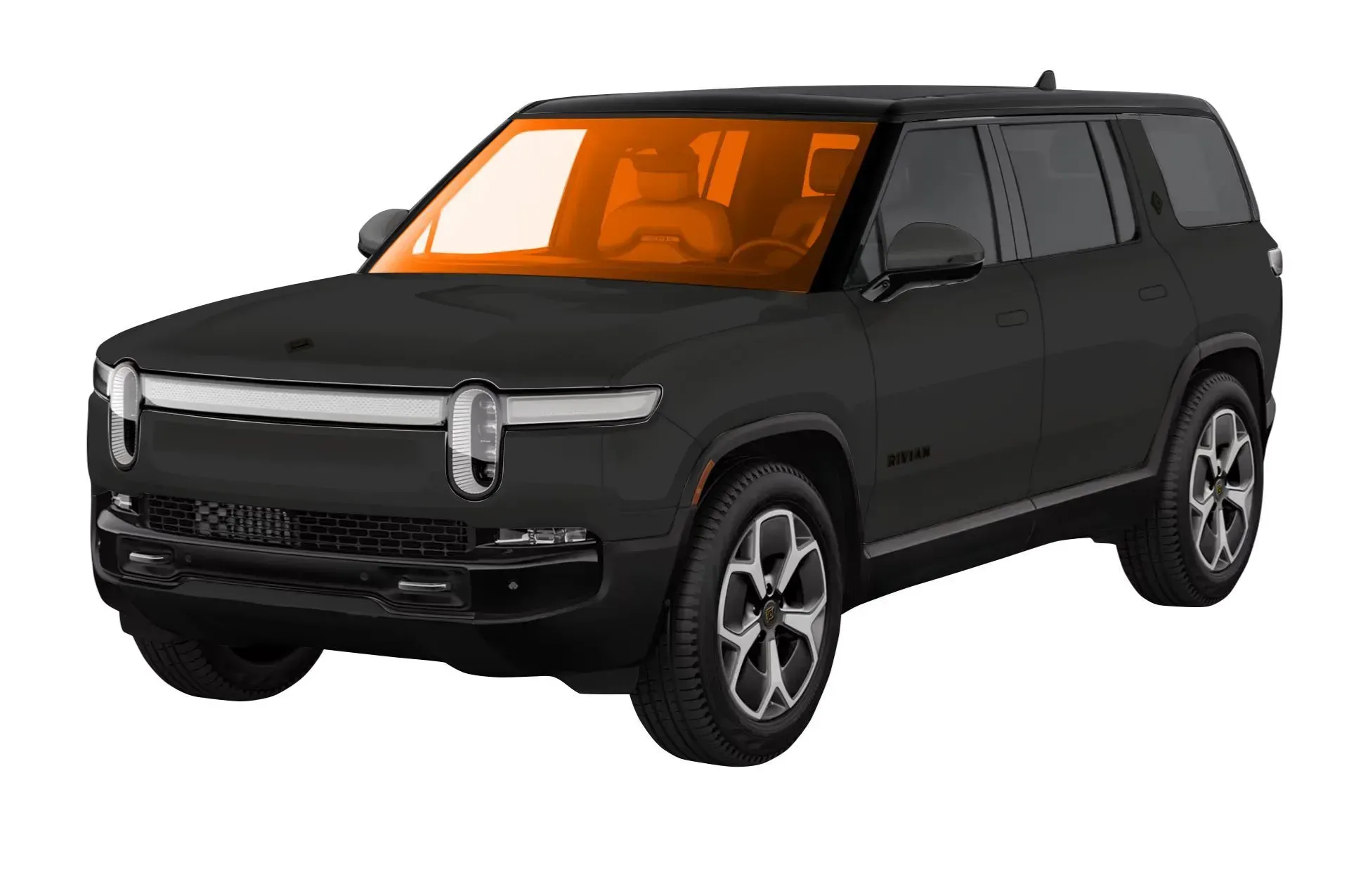 A black suv with an orange windshield on a white background.