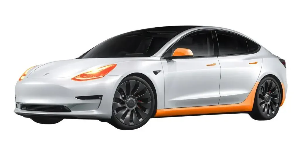 A white tesla model 3 is shown on a white background.