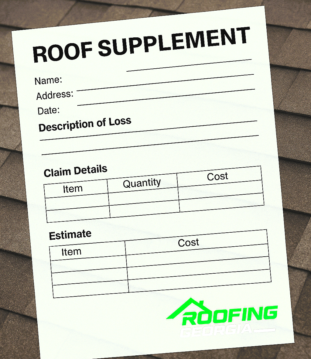 Roof supplement form on a shingle roof background. Details include name, address, date, loss description, and claim details.