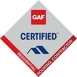 GAF Certified Residential Roofing Contractor logo: red, white, and blue diamond with 