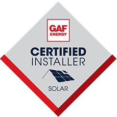 GAF Energy Certified Installer Solar logo: gray diamond with red border, text and solar panel graphic.