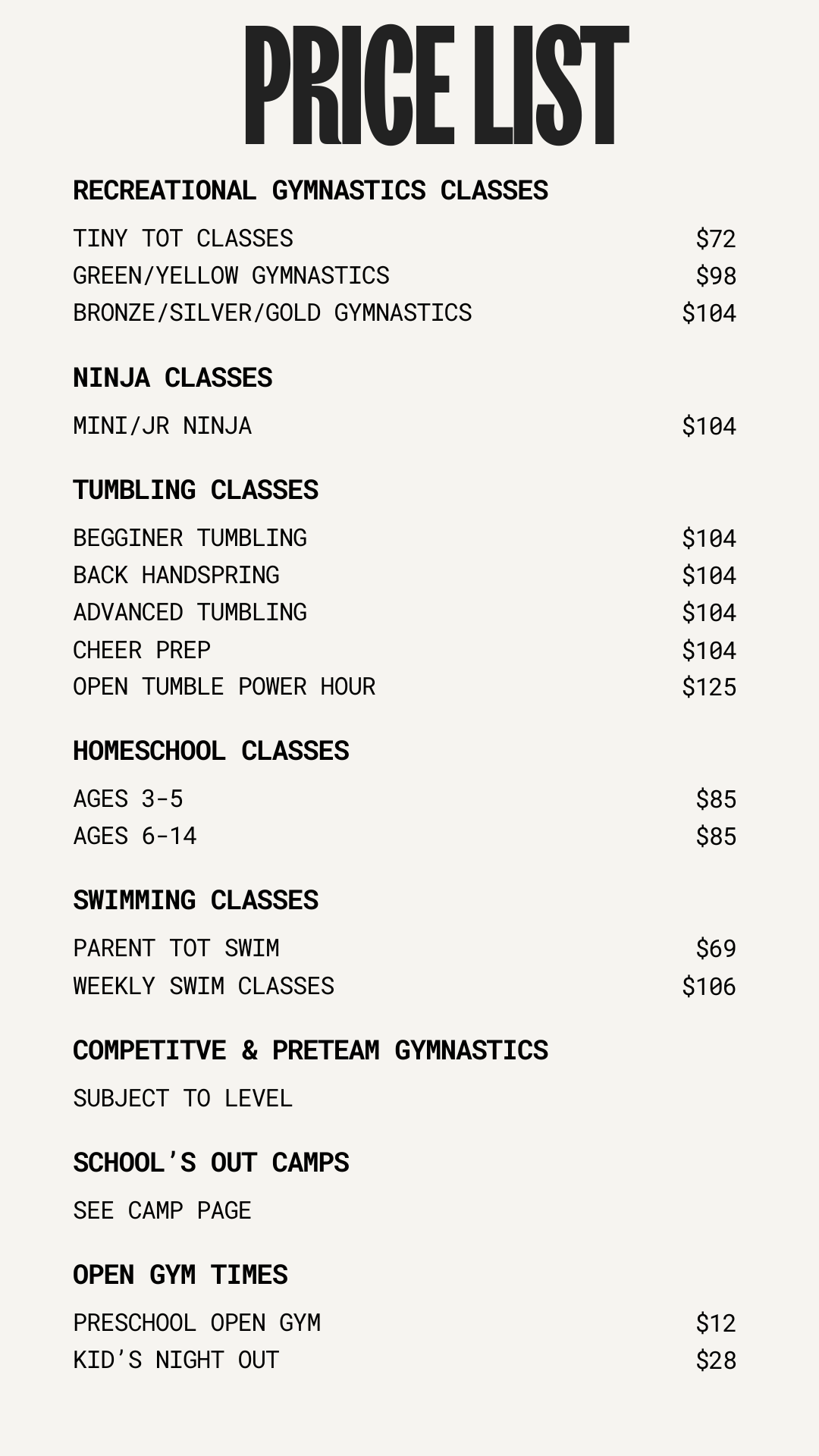 Price list for gymnastics classes, including recreational, clinics, and open gym times.
